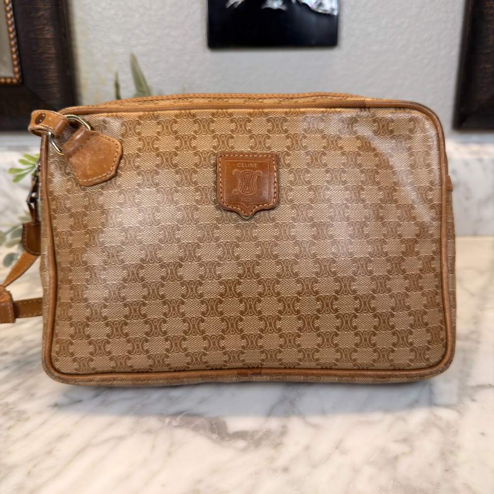 Celine Tan and Brown Monogram Clutch/Cosmetic Bag EUC